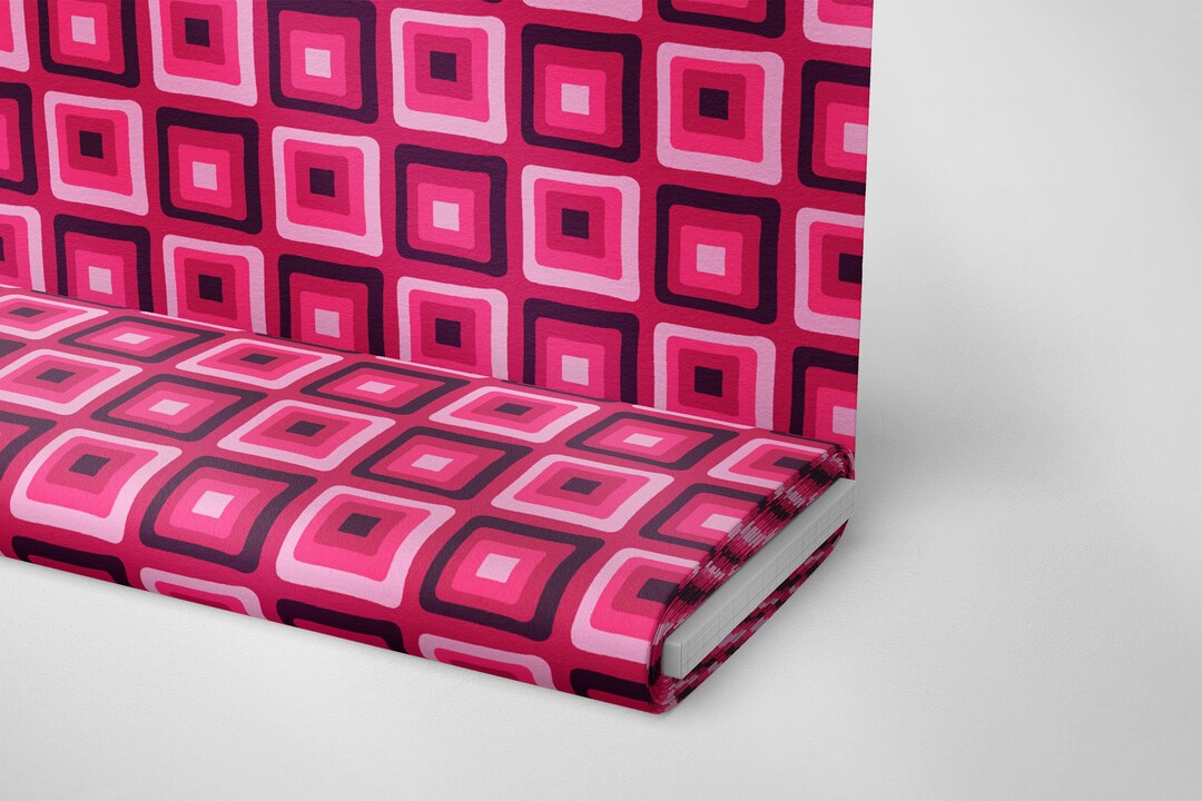Polyester Squres Retro Geometric Polyester Fabric: 1950s Pink Squares Print, Sewing ...
