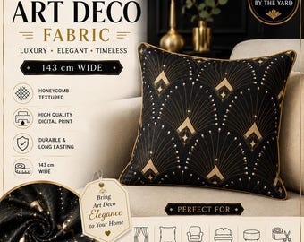 Art Deco Gold Geometric Fabric, Vintage Gatsby Fan Pattern Textile