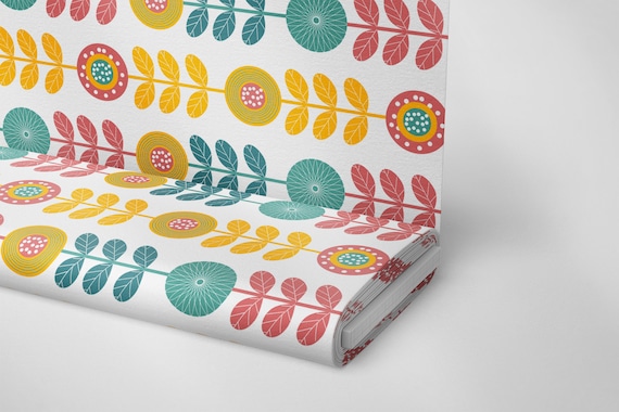 Retro Floral Polyester Fabric: Colorful Vintage Upholstery, 55" Wide