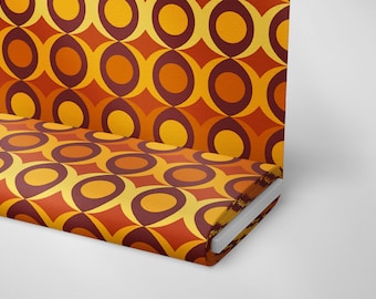 Retro Geometric Printed Fabric by the Yard, 70s Orange Yellow Mid Century Modern Textile