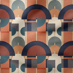 Può includere: Motivo geometrico astratto con un design ripetitivo di archi, cerchi e strisce in tonalità di blu, arancione, rosso e beige.