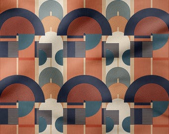 Mid Century Geometric Honeycomb Polyester Fabric: Navy, Orange, Teal