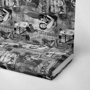 Könnte beinhalten: Schwarzweißes Collage-Gewebe mit Bildern von Hollywood-Stars, Stadtansichten und den Worten "Hollywood", "The Legend", "1960", "Success Story" und "Street Journal".