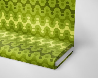 Retro Geometric Polyester Fabric: Green Wavy Print, 1960s Style