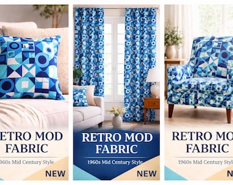 Retro Geometric Fabric by Yard, Blue Mid Century Upholstery, Modern Abstract Print