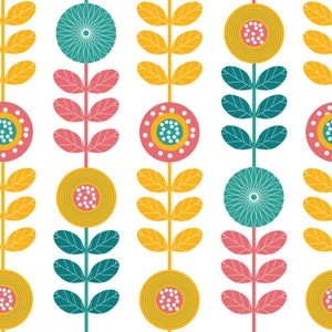 May include: A repeating pattern of stylized flowers and leaves in teal, pink, yellow, and gold on a white background. The floral design features circular and linear elements, creating a retro, mid-century modern aesthetic.