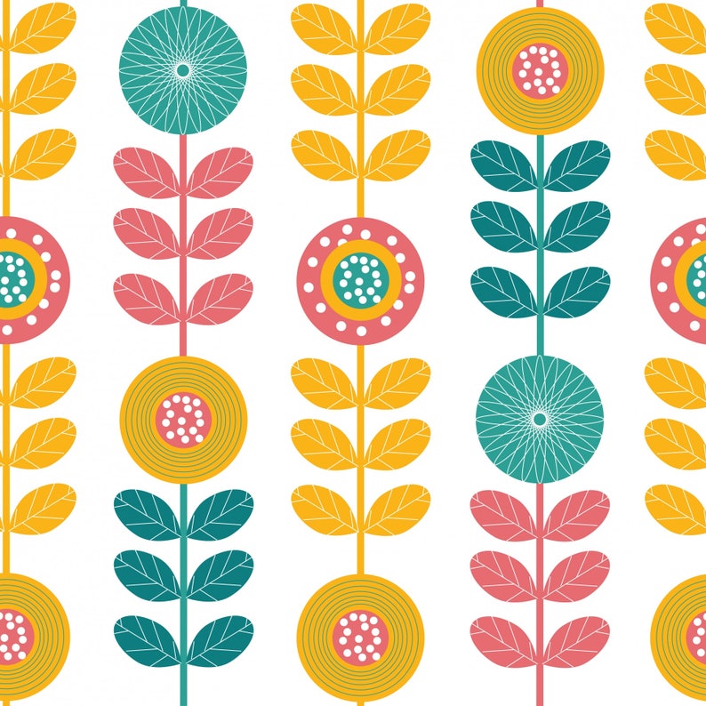 May include: A repeating pattern of stylized flowers and leaves in teal, pink, yellow, and gold on a white background. The floral design features circular and linear elements, creating a retro, mid-century modern aesthetic.