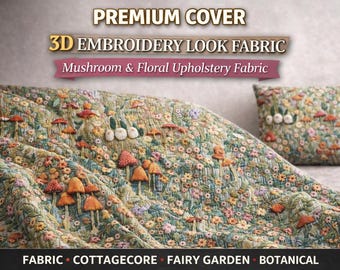 Mushroom Fabric Cottagecore, 3D Embroidery Look Floral Fabric by Yard, Fairy Garden Botanical Upholstery Fabric