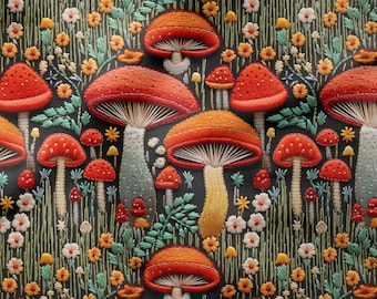 Mushroom Meadow Fabric: 3D Embroidery Effect, Forest Print - 55" Wide