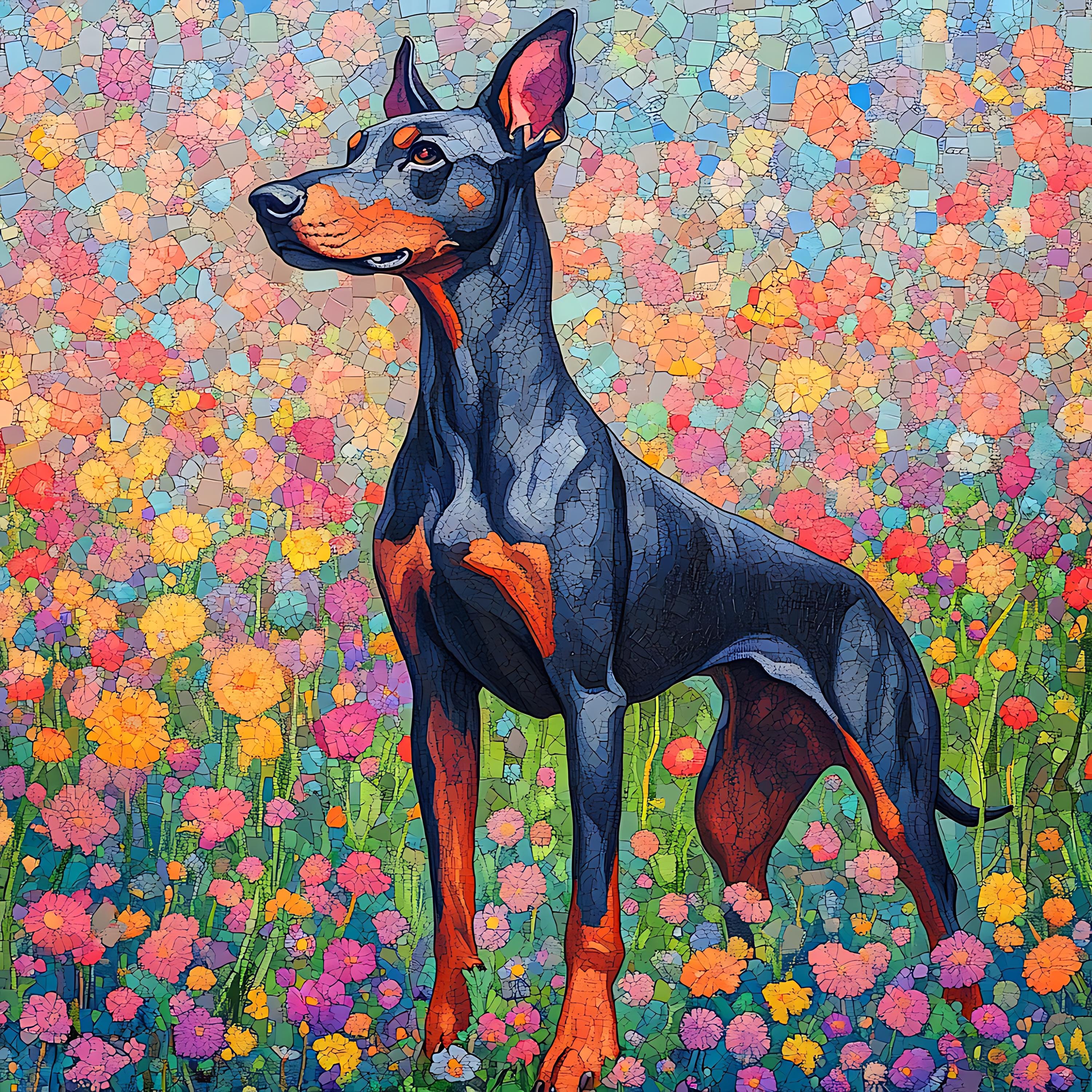 Doberman Floral Fabric Panel: Colorful Dog Print - Etsy