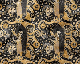 Tissu Klimt « The Kiss » : impression de tourbillons Art nouveau noir et or