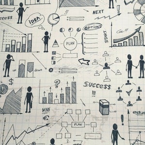 May include: A black and white illustration of a business plan with graphs, charts, and stick figures. The text includes "investment", "idea", "business", "plan", "options", "start", "success", "max", "ideas", and "education".