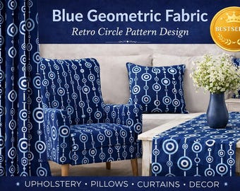 Blue Geometric Fabric by Yard, Retro Circle Pattern Upholstery Fabric, Modern Curtain & Pillow Textile 143 cm
