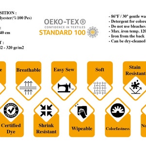 K&ouml;nnte beinhalten: Informationen zum Stoff mit dem Oeko-Tex Standard 100-Label. Der Stoff ist 140 cm breit und besteht aus 100 % Polyester. Eigenschaften sind Haltbarkeit, Atmungsaktivit&auml;t und Fleckenbest&auml;ndigkeit. Waschbar bei 30&deg;C und b&uuml;gelbar bei 120&deg;C.
