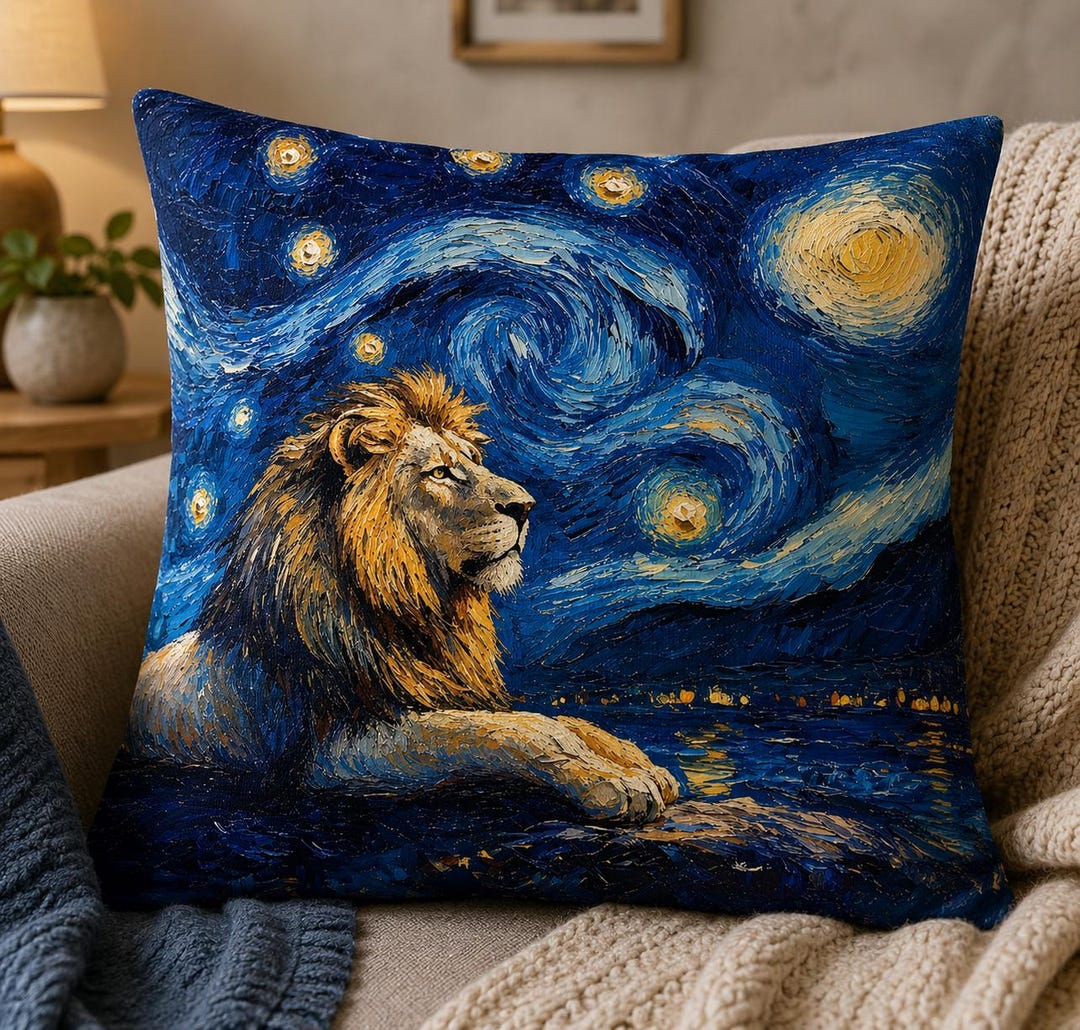 Van Gogh Lion Fabric Panel: Starry Night Style Digital Print - Etsy