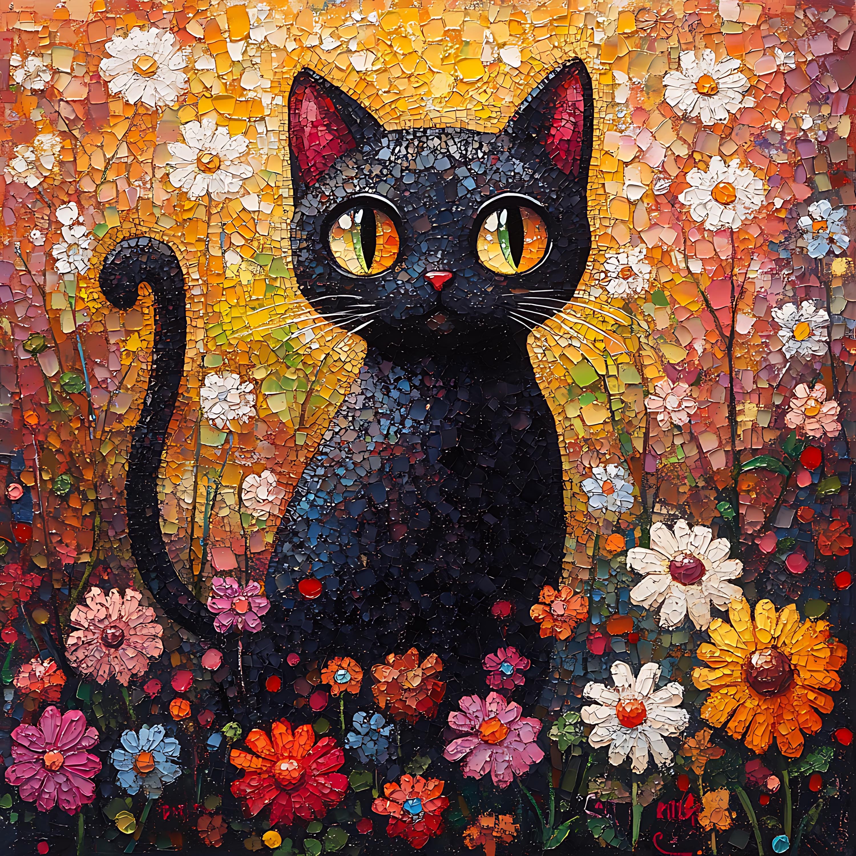 黒猫柄花柄ファブリックパネル：モザイク風デジタルプリント - Etsy 日本