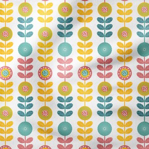 May include: A repeating pattern featuring stylized flowers and leaves in yellow, green, pink, and teal on a white backdrop. The design has vertical rows of floral elements, creating a vibrant and cheerful aesthetic.