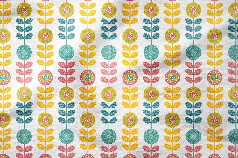 May include: A repeating pattern featuring stylized flowers and leaves in yellow, green, pink, and teal on a white backdrop. The design has vertical rows of floral elements, creating a vibrant and cheerful aesthetic.