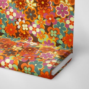 24-06 | Mid Century Modern Fabric, Retro Fabric by The Yard, Vintage Flowers Orange and Brown Fabric, Upholstery Fabric, Sixties Print
