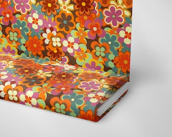 Mid Century Modern Floral Fabric: Retro Orange Brown Upholstery Fabric