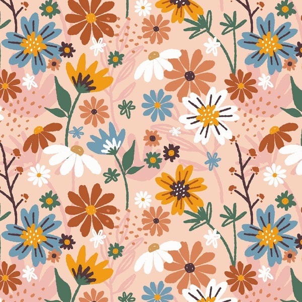 140 | 1950's 1960's Retro Fabric by The Yard | Vintage Flowers Fabric | Pes | Colorful Floral Fabric Orange and Brown Fabric | Sewing Fabric