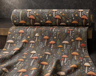 Mushroom Fabric, Woodland Botanical Cottagecore Fabric by the Yard