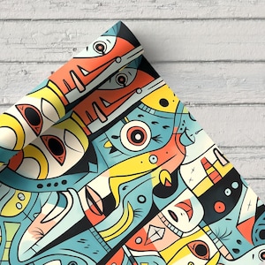 May include: Abstract geometric pattern wrapping paper with a colourful design featuring yellow, blue, red, orange, and black shapes. The design is reminiscent of a modern art style.