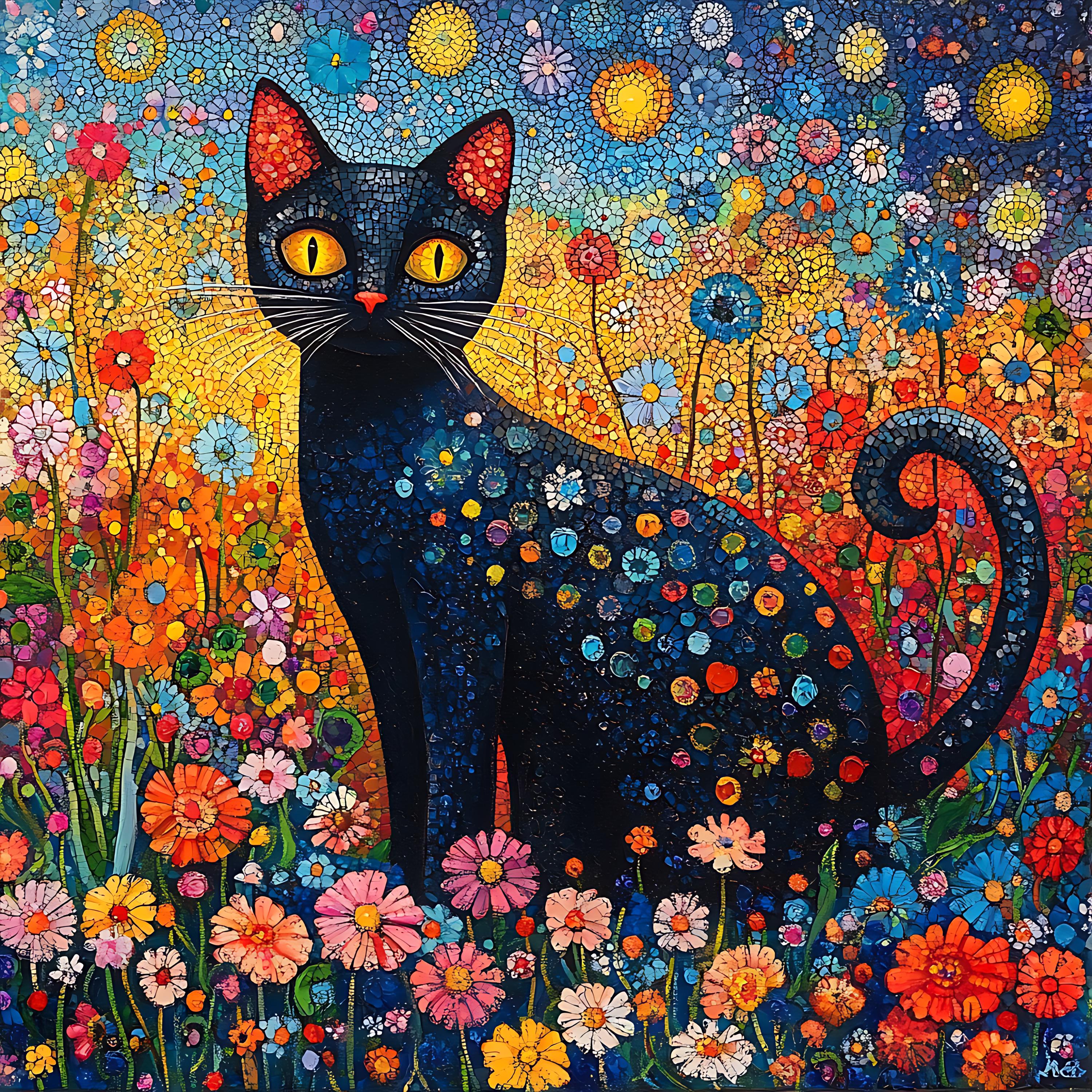 黒猫柄花柄ファブリックパネル：モザイク風デジタルプリント - Etsy 日本
