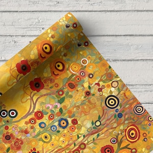 Klimt Inspired Art Fabric by the yards,  Digital Print, 142 cm Wide, Golden Floral Design