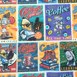 Vintage Bunt College Poster Stoff Meterware | Nähkunst | Polsterstoff Meterware | Lustiger Stoff | Popart Stoffe | Wohndekor