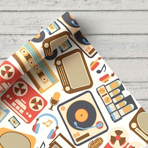 Retro Music Polyester Fabric: Vintage Vinyl, Cassette, Microphone