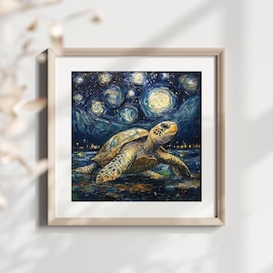 Van Gogh Starry Night Turtle Fabric Panel: Digital Print Decorative Square