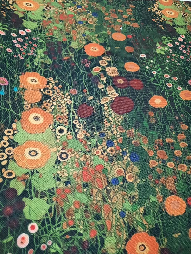 May include: A textile print featuring a dense meadow of orange, red, and dark maroon flowers interspersed with small blue blossoms and green foliage. The pattern is set against a dark, textured background, creating a vibrant floral composition.