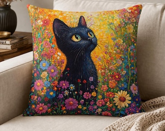 Black Cat Floral Fabric Panel: Mosaic Style Print