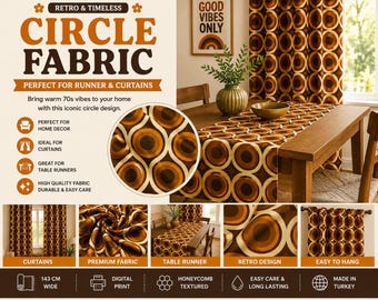 Retro cirkel geometrische stof – jaren 70 mod. oranjebruine bekledingsstof op maat gesneden, moderne retrotextiel uit het midden van de eeuw, groovy woondecoratie