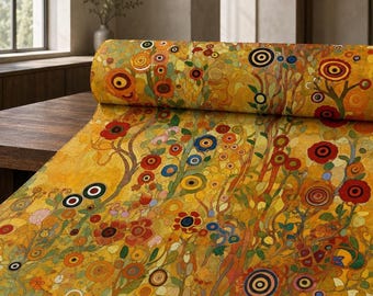 May include: A roll of fabric featuring a vibrant, dense pattern of stylized flowers and circular motifs in shades of golden yellow, deep orange, red, and blue. The design includes intricate, thin stems and leaves winding through the floral elements.