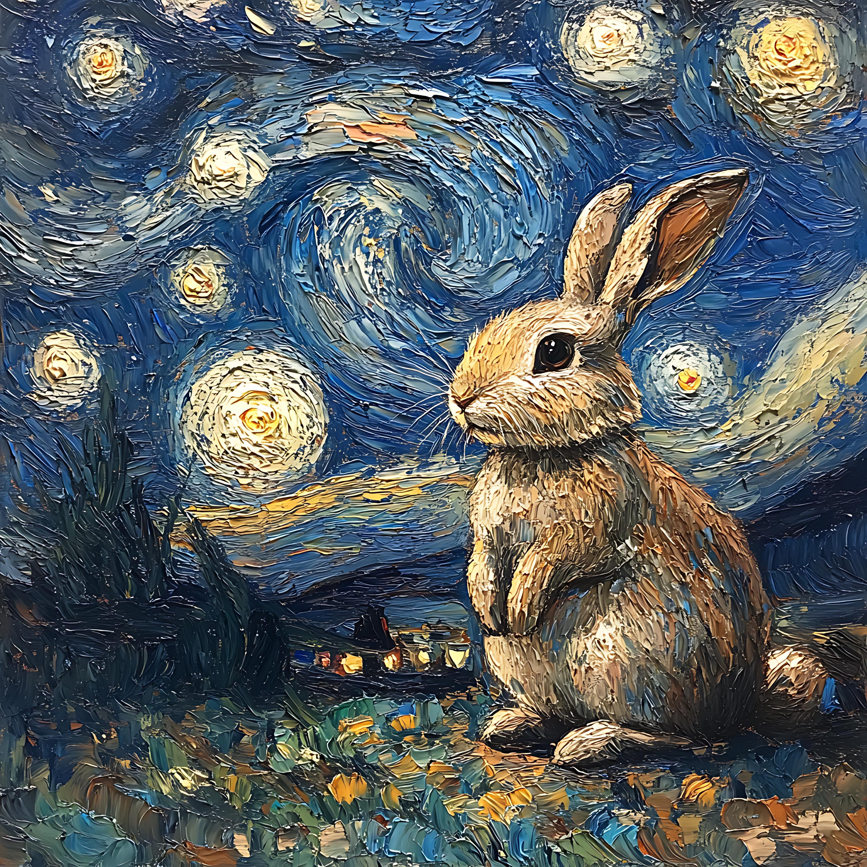 A Starry Rabbit Van Gogh Starry Night Rabbit Fabric Panel - Whimsical Bunny Print - Etsy