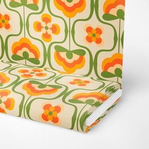 24-01 | Mid Century Modern Fabric,  Retro Fabric by The Yard, Vintage Flowers Orange and Green Fabric, Upholstery Fabric, Sixties Print