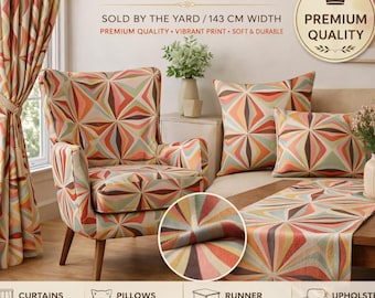 Retro Geometric Upholstery Fabric by the Yard, Mid Century Modern Fabric, Colorful Vintage Curtain Sofa Textile 143 cm Width