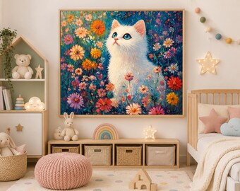 White Cat Floral Fabric Panel: Colorful Digital Print
