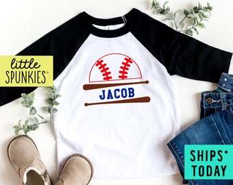 Baseball & Bat with Custom Name Toddler Raglan, Kids Sports Shirt, Personalized Graphic Baseball Tee