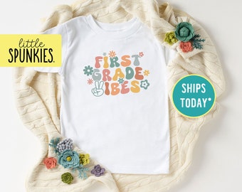 First Grade Vibes with Peace Fingers Shirt, Elementary Outfits, Retro Graphic Tees (Multi Color)