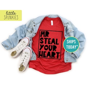 Boy Valentines Day T-Shirt, Mr. Steal Your Heart Shirt, Funny V-Day Shirt for Boys (RED T-SHIRT with Black Ink)