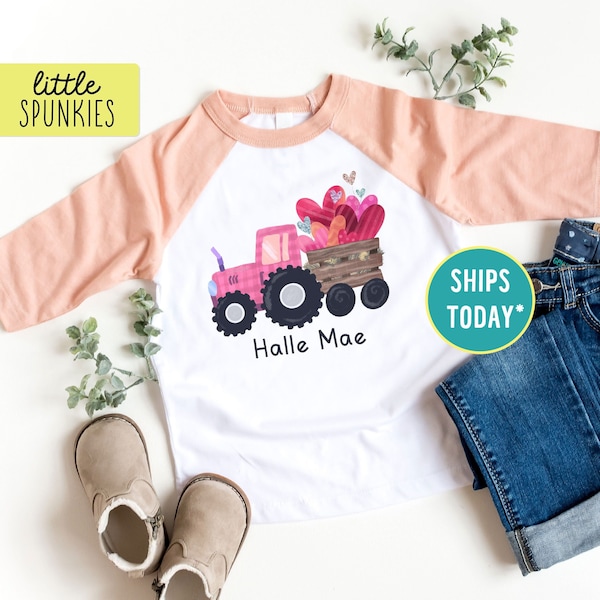 Watercolor Pink Tractor with Name Raglan, Personalized Valentines Day Shirt for Girls, Custom Name Farm T-Shirt (WATERCOLOR PINK TRACTOR)