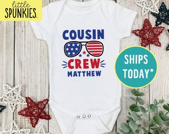 Cousin Crew with Sunglasses Onesies® Brand with Name, Personalized 4th of July Bodysuit, Matching Cousins Outfit (COUSIN CREW w/ SUNGLASSES)