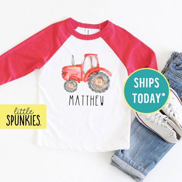 Tractor Graphic Tee, Watercolor Red Tractor with Custom Name Raglan, Boy Personalized Gift (RED FARM TRACTOR)