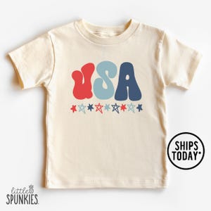 Retro USA with Hand Drawn Stars T-Shirt, Cute Summer Shirts for Girls, 4th of July Kids Clothes - AL1426