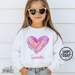 Personalized Watercolor Heart Sweatshirt: Girls Valentines Day Outfit - KL11402