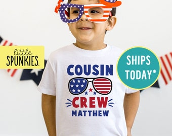 4th of July Cousin Crew with Sunglasses, Matching Shirts for Kids, Red White & Blue Cousin Crew T-Shirt (COUSIN CREW w/ SUNGLASSES)