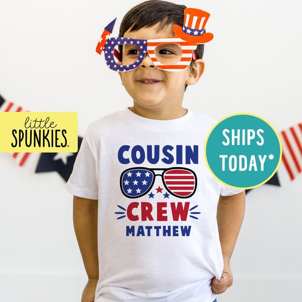 4th of July Cousin Crew with Sunglasses, Matching Shirts for Kids, Red White & Blue Cousin Crew T-Shirt (COUSIN CREW w/ SUNGLASSES)